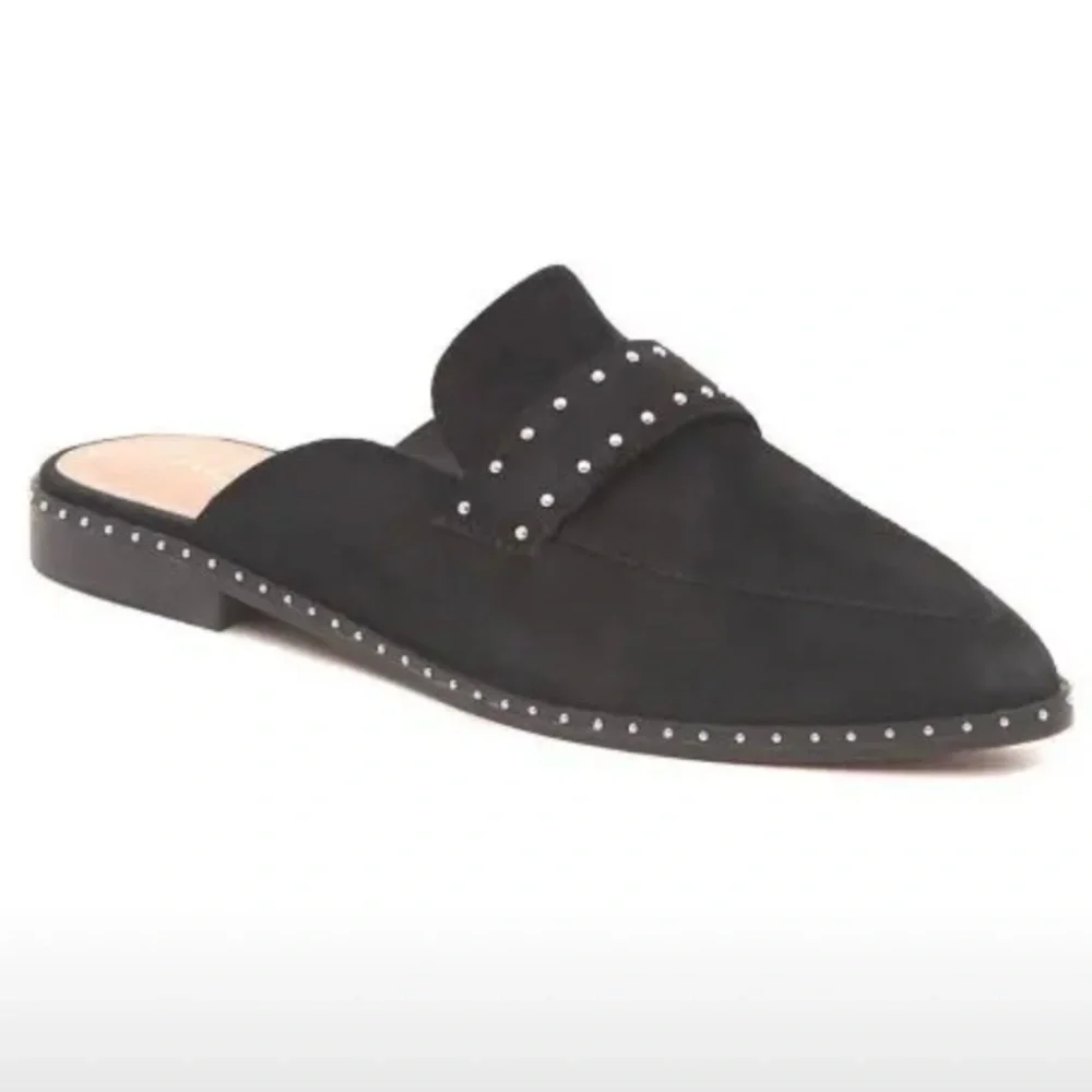 Aldo Stud Keeper Mules Womens Size 6 Slip on Slide Loafer Black Suede Flat - Picture 1 of 9